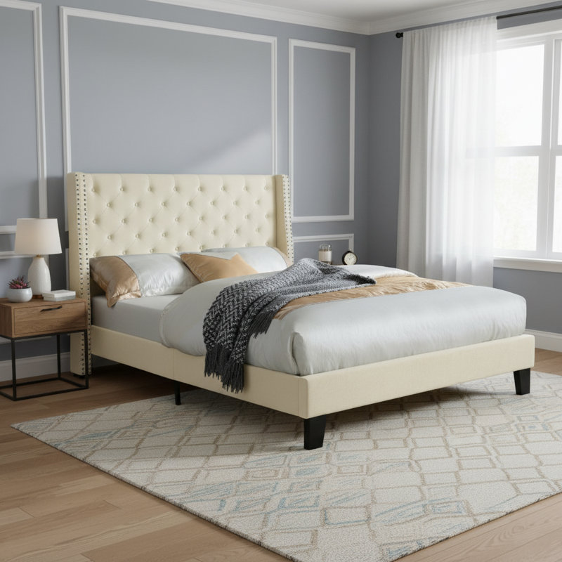Lit plateforme tapissier Daisy-Rose, Beige, Très grand