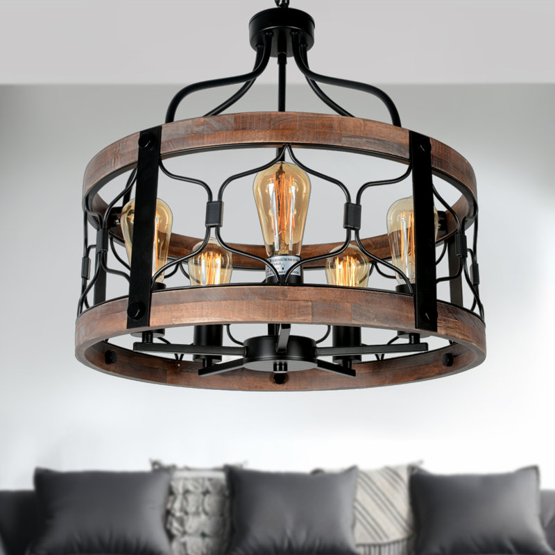 5-Light Industrial Drum Chandelier with Wood Accents