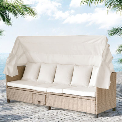 4 Pieces Uv-proof Resin Wicker Patio Sofa Set Included A 4-seat Sofa, 2 Ottomans, A Lifting Table, Retractable Canopy, Cushions And Adjustable Backrest