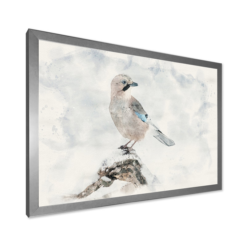 Oiseau geai blanc - œuvre d'art traditionnelle sur toile, H 12 po x l 20 po x P 1 po, Cadre photo argenté
