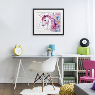 Pink Mane Unicorn with Stars Framed Print Under Glass, design by Creative Studio