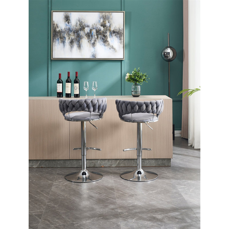 Set Of 2 Bar Stools,With Chrome Footrest And Base Swivel Height Adjustable Mechanical Lifting Velvet + Chrome  Leg Simple Bar Stool