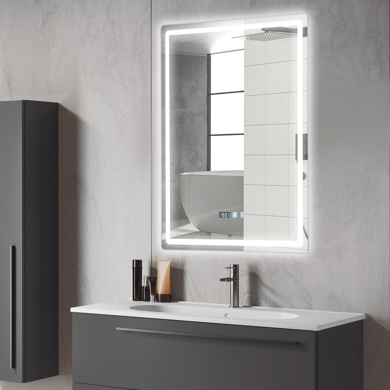 Miroir de salle de bain mural lumineux 23,62 x 31,5 po, antibuée, DEL et commandes tactiles, idéal pour les salles de bain d'hôtels et d'appartements.