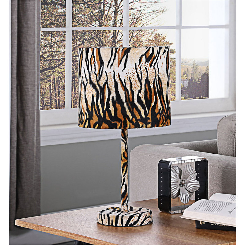 Faux Suede Tiger Print Metal Table Lamp With Easy Setup And Durable Design