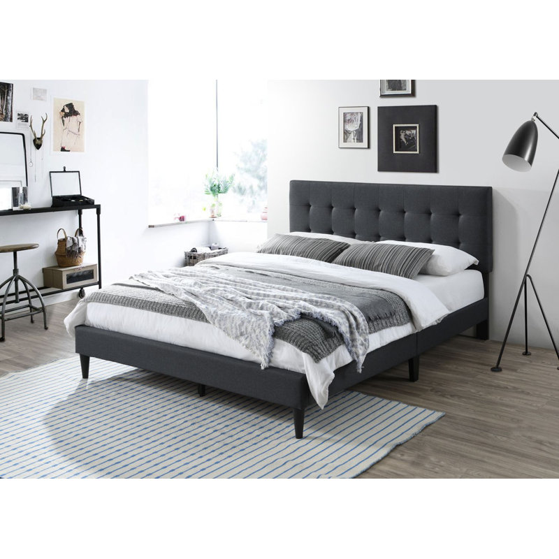 Upholstered Platform Bed, Queen, Charcoal Gray