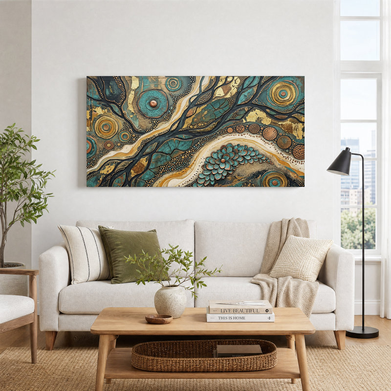 Tableau sur toile à motif floral abstrait or turquoise, L 40 po x H 20 po