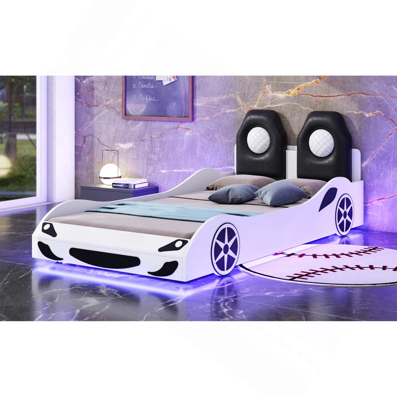 Wood Twin Size Race Car-Shaped Platform Bed With LED And Upholstered Backrest, White, White