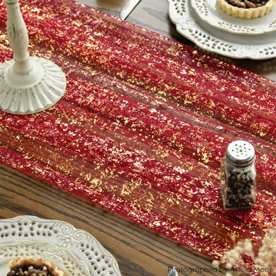 Red Gold Gauze Table Runner 120 Inch 10Pcs, Glitter Metallic Foil Sheer Dining Wedding Anniversary Holiday Table Decor for Home Party