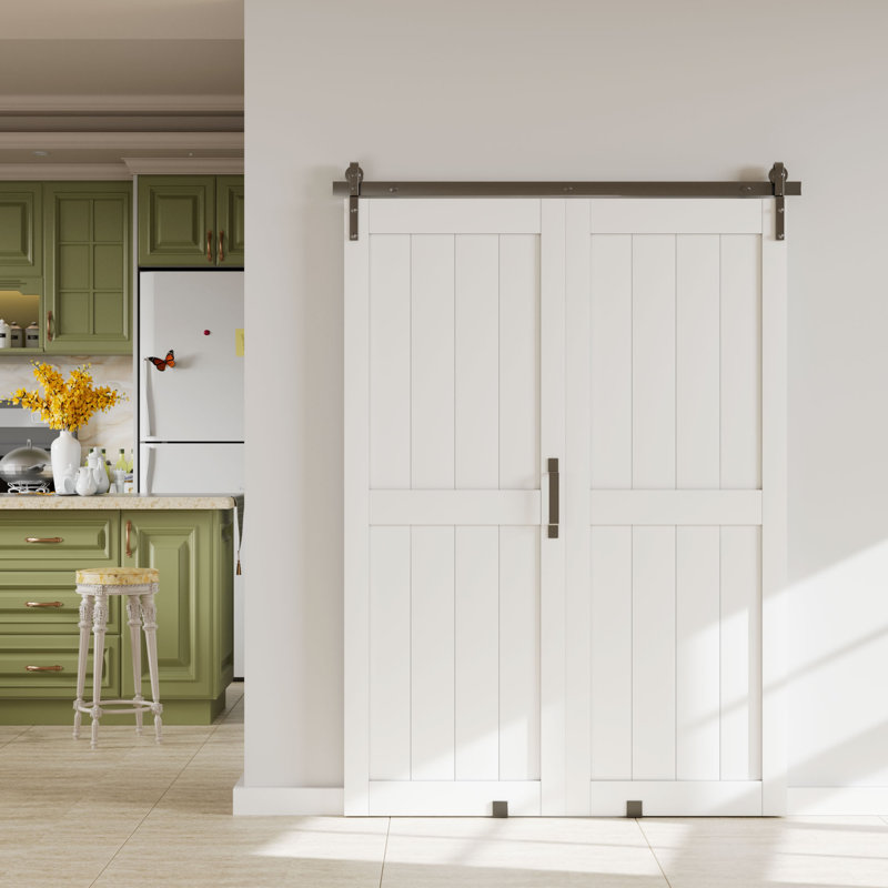 Surface de porte de grange coulissante blanche à double cadre en H 40 "x 84" avec étui d'installation, 40 po x 84 po