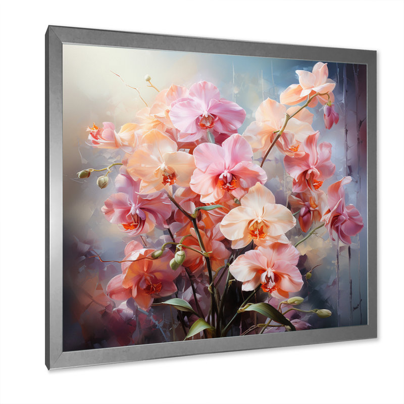 Impression romantique d'orchidées pêche II - impression, H 24 po x l 24 po x P 1 po, Cadre simple argenté
