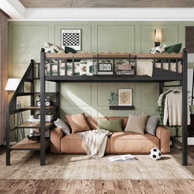 This Multifunctional Black Metal Loft Bed Features A Storage Staircase And Bookshelf Design, Maximizing Space Utilization And Making It Versatile And Practical For Various Scenarios.