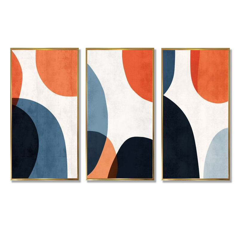 Ensemble de 3 décorations murales abstraites bleues et bleues, Cadre flottant doré, H 32 po x l 48 po