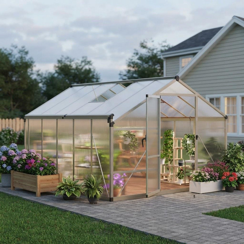 8x10 ft Polycarbonate Greenhouse with Adjustable Roof Vent & Lockable Door, Heavy-Duty Aluminum Frame, Slide-In Panel Assembly, Snow & Wind Resistant, Rainwater Collection System, Backyard Garden Greenhouses