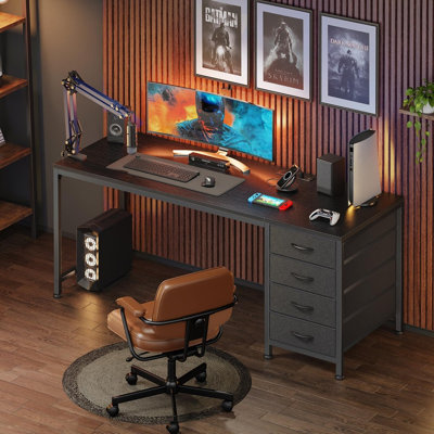 Bureau d'ordinateur de 55,1 pouces avec prises de courant, port USB-C et 4 tiroirs en tissu