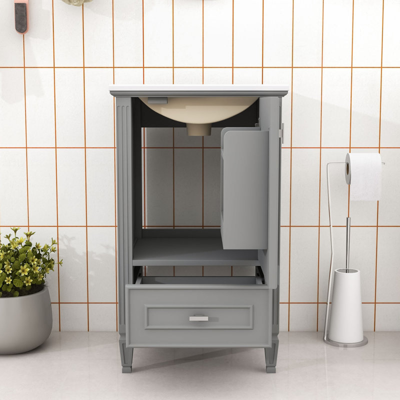 Meuble-lavabo de salle de bain avec lavabo en céramique, armoire de rangement et tiroirs, Gray