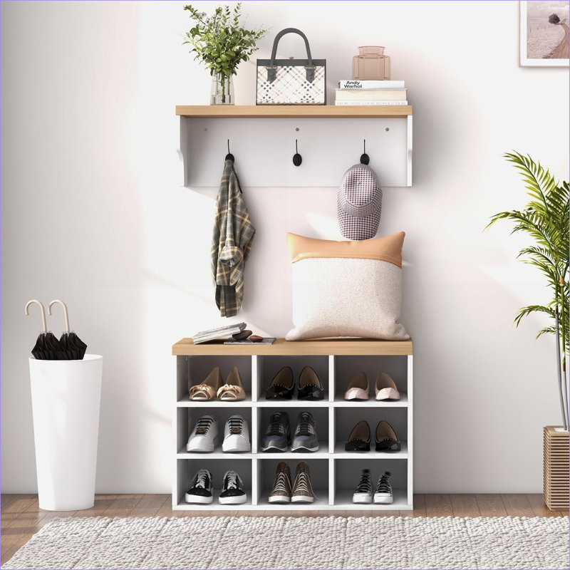Entryway Organizers | 2-in-1 Modern 9-Pair Coat Rack Shoe Bench Set | Snow White | Storage for Hallway Mudroom Bedroom | Particle Board | Entryway