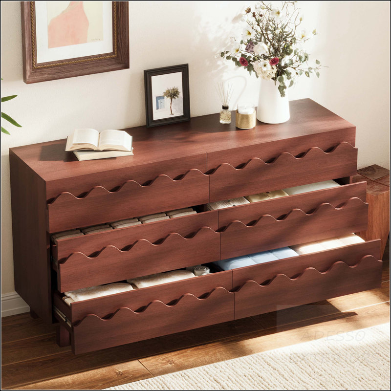 6-Drawer Dresser with Wave Front Design - Anti-Tip Safety, Walnut