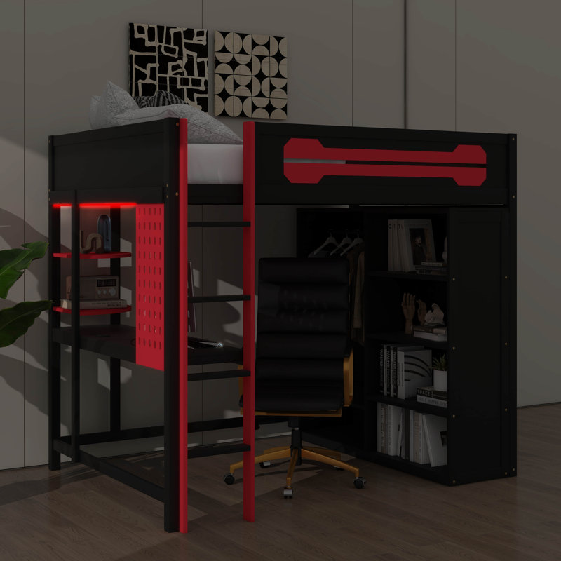 Lit mezzanine double avec bureau et garde-robe, lit mezzanine en bois avec espaces de rangement et éclairage intégré