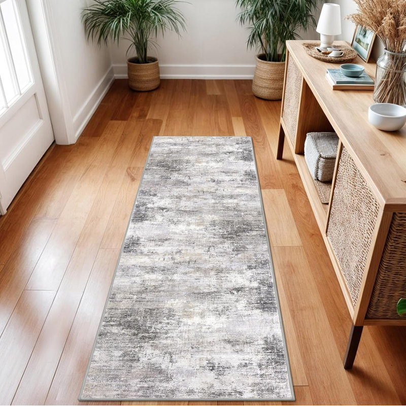 Tapis de cuisine abstrait lavable, Tapis de couloir 2 pi x 7 pi, Gris cendre, beige