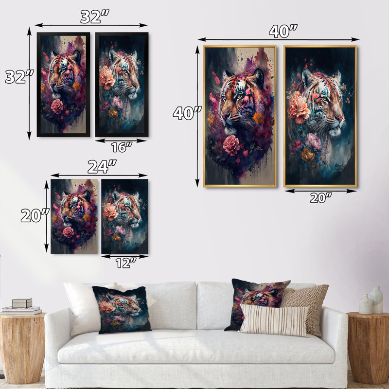 «Cute Tiger Floral», 2 pièces sur toile, Cadre noir, H 40 po x l 40 po