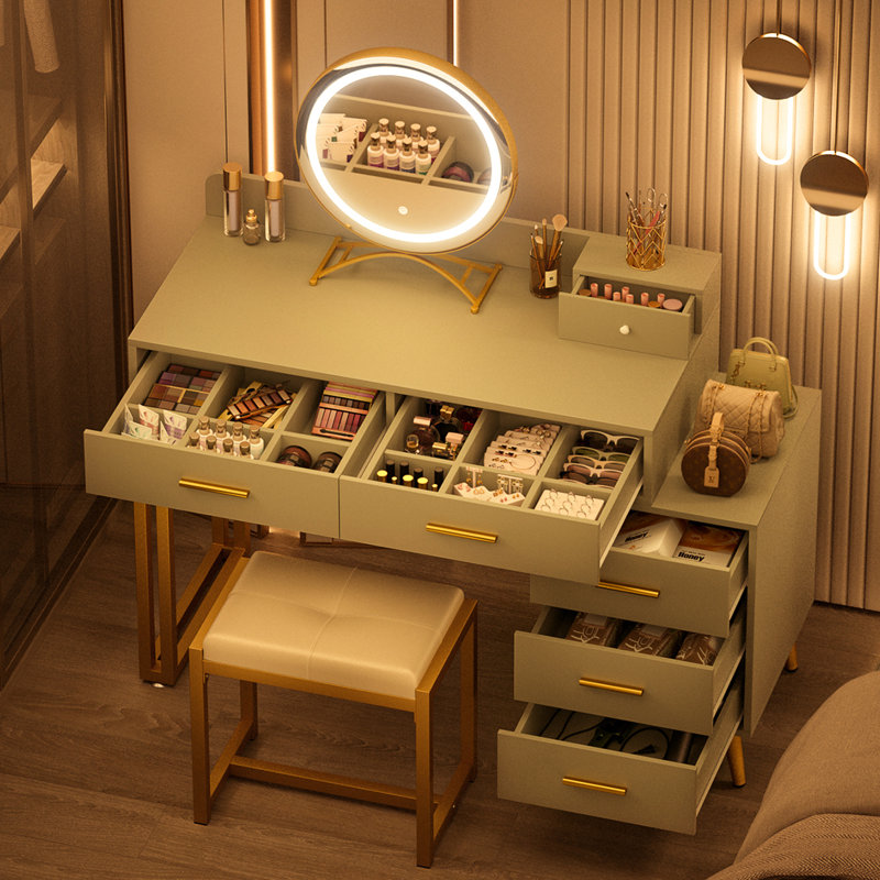 Bureau de coiffeuse avec tabouret et miroir DEL Grosmark, Vert clair / doré