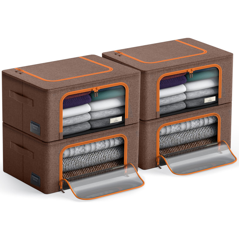 Small Storage Box Foldable with Window & Handles 4 Pack, Brown