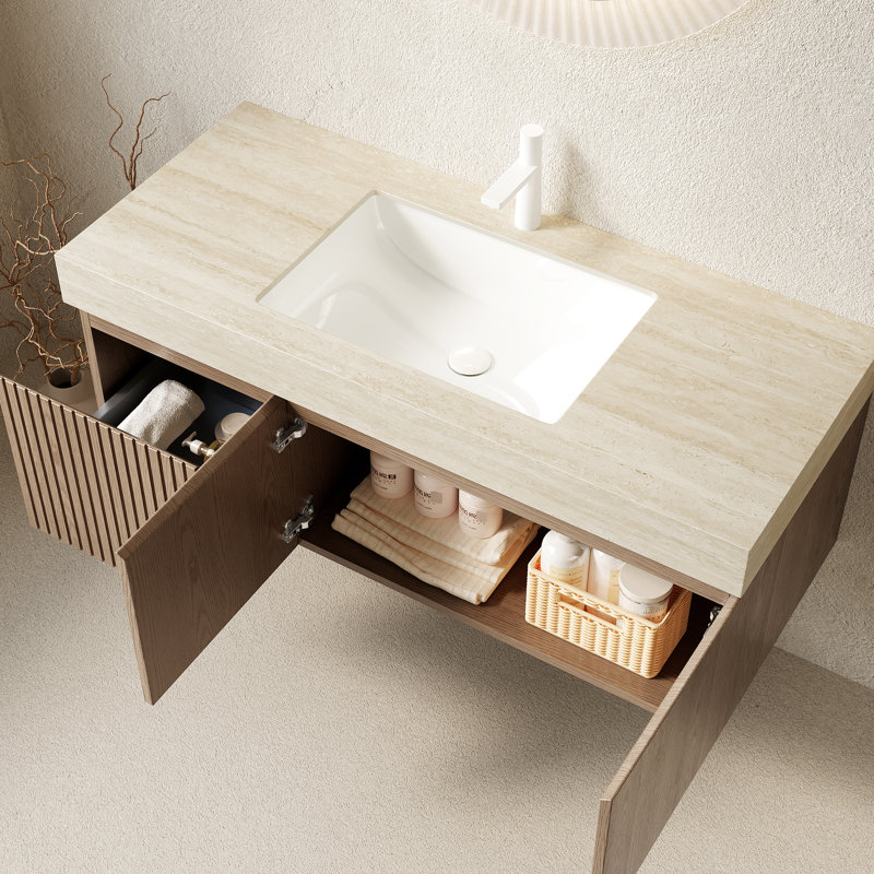 Meuble-lavabo flottant 48 po avec lavabo en céramique, comptoir en pierre frittée, 2 portes et 1 tiroir, système de porte à tiroir à fermeture en douceur
