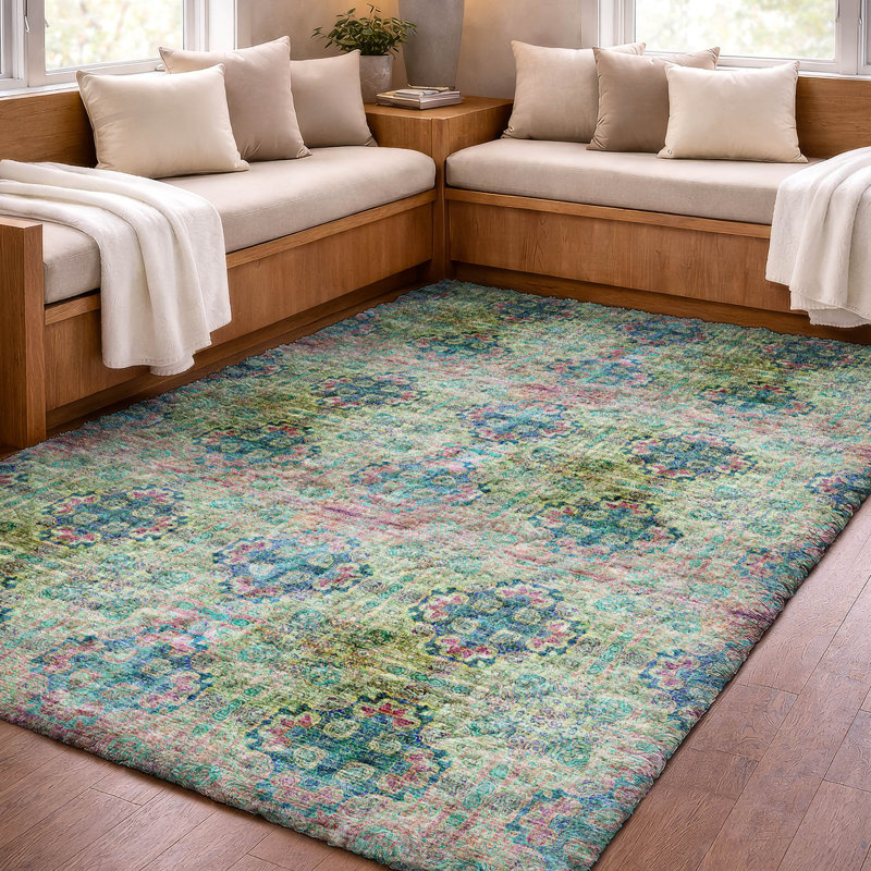 Premium Machine Washable Dream Shag ADS557 Medallions Rug, Green, 3' x 5'