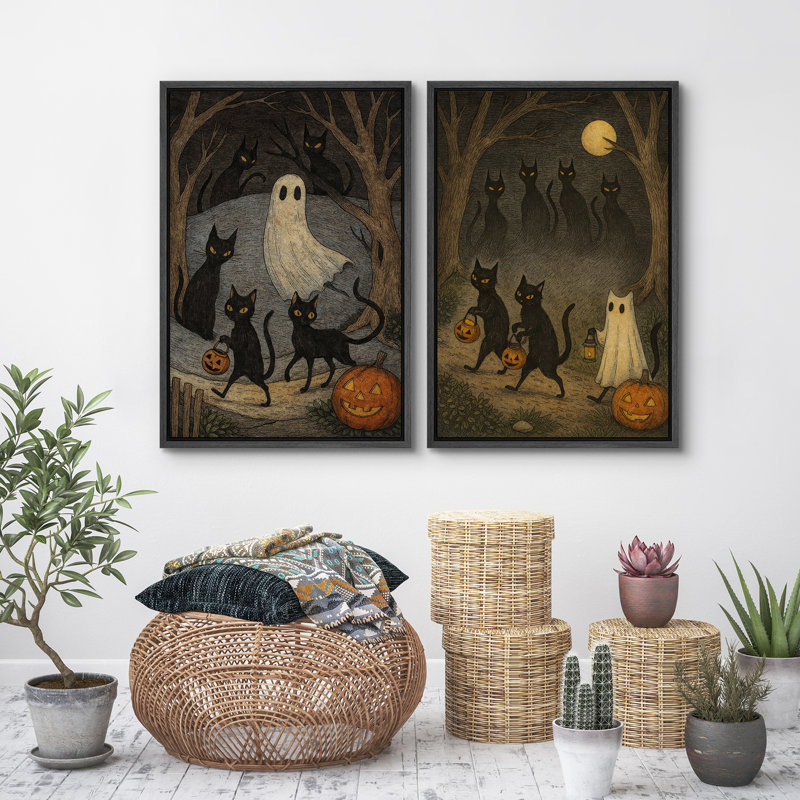 Mignon fantôme, impression sur toile encadrée, ensemble de 2 décorations d'Halloween, Noir, H 24 po x l 32 po
