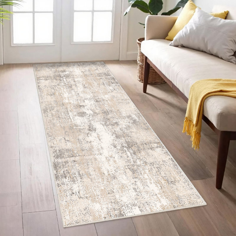Elroy Modern Abstract Machine Washable Area Rug with Non-Slip Rubber Backing, Runner 2' x 6', Beige Gray