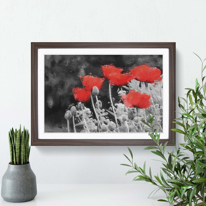 Red Poppy Field in Abstract - Picture Frame Painting Print, 27cm H x 36cm W x 2cm D, Walnut Framed