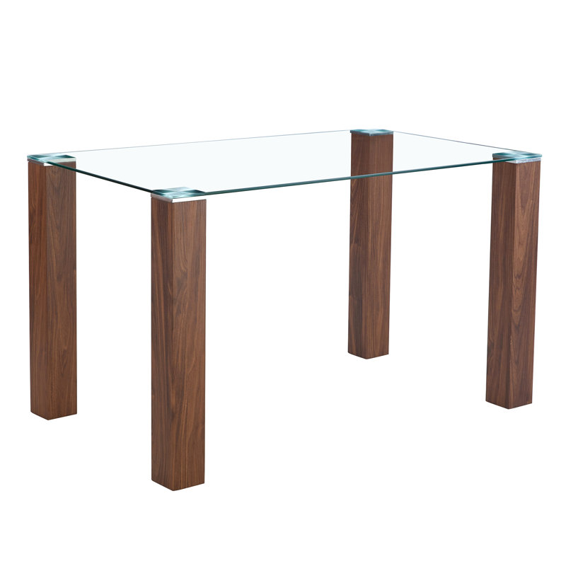 49.6”×30” Transparent Tempered Glass Dining Table With Rectangular Walnut - Color MDF Wood Grain Legs: Blending Simplicity & Quality, Ideal For Diverse Interior Decoration Styles
