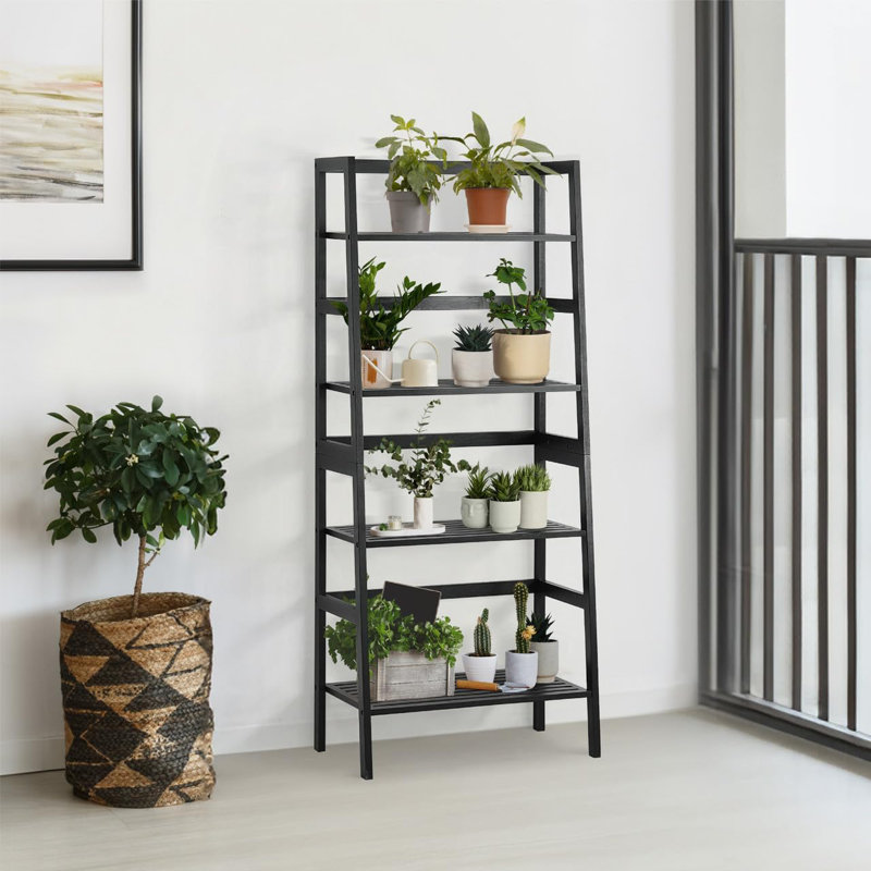 4-Tier Open Storage Bamboo Ladder Shelf for Bathroom, Bedroom, Kitchen, Black, Black