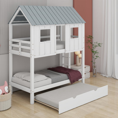 Lit superposé House avec lit gigogne, toit et fenêtres