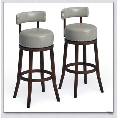 Sherly Set of 2 Bar Stools with 30 Inch Swivel, Dark Oak Wood and Dark Gray Leatherette for Dining Room