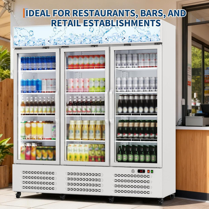 38.9 Cu.Ft. 3 Door Commercial Beverage Cooler, Frost-Free Display Refrigerator with 360° Cooling & LED Light, White