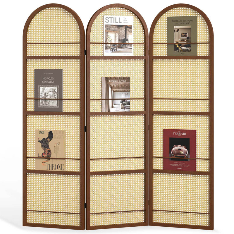 67" Arched Folding Room Divider with Magazine Display Rails, Walnut