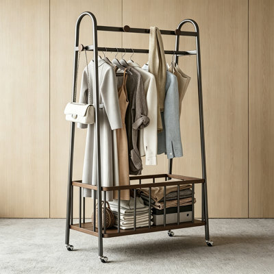 Metal Walnut Rolling Coat Rack