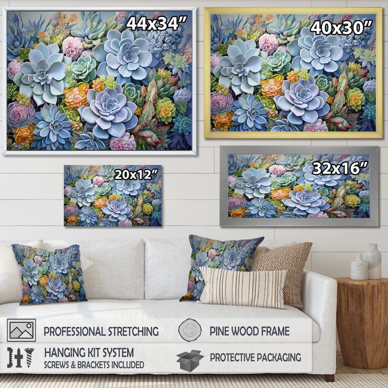 «Blue Succulent Dessert Charm» sur toile, Toile tendue, H 30 po x l 40 po x P 1,5 po