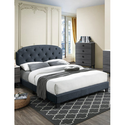 Full Size 1pc Bed Nailhead Trim Button Tufted Burlap Fabric Charcoal Finish Bedroom Furniture