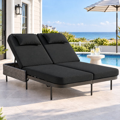 Lit de jour d'extérieur en osier pour 2 personnes, chaise longue de patio avec coussins et dossiers réglables à 6 positions