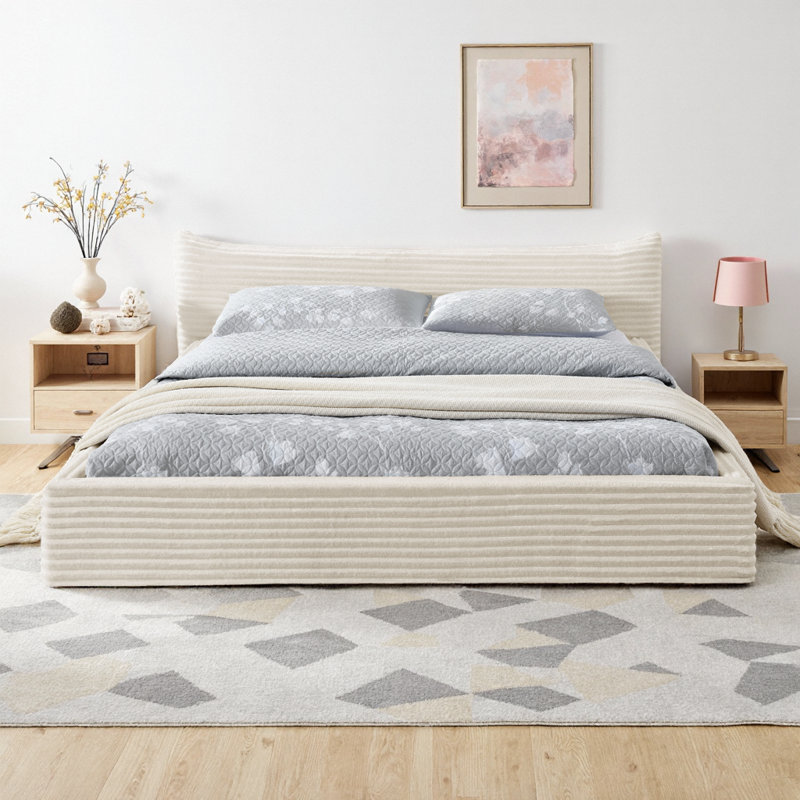 Structure de lit tapissier grand format avec tissu en velours, lit plateforme avec tête de lit courbée pour le soutien du cou, structure en bois massif, design minimaliste moderne