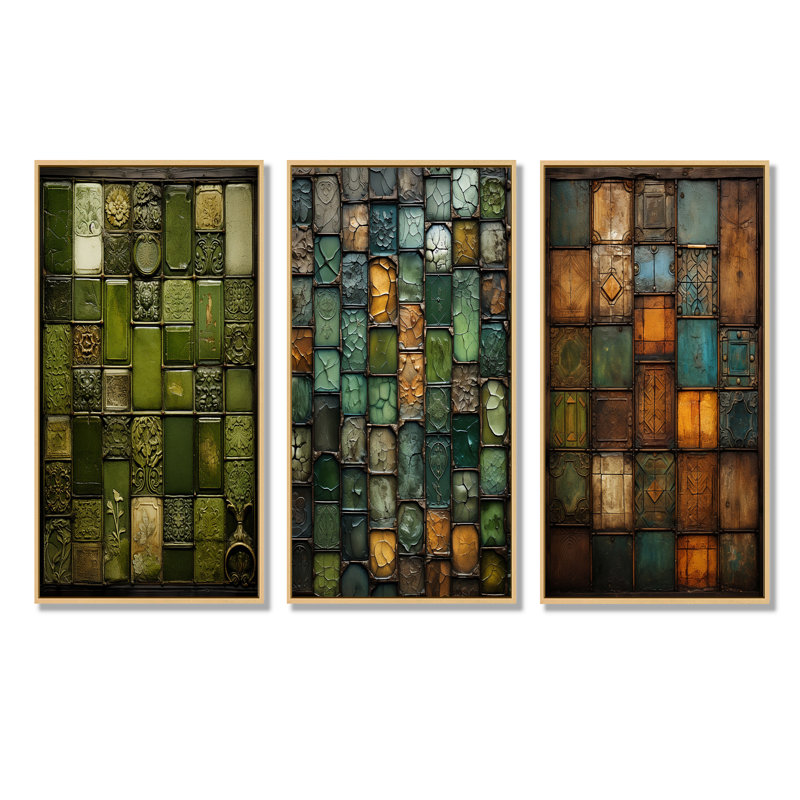 Green Stones Tiles I - Ensemble de 3 tuiles murales abstraites, H 28 po x l 36 po, Cadre flottant brun