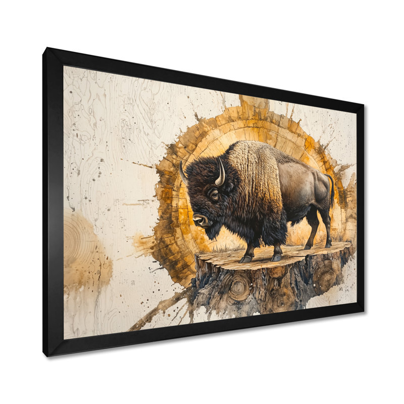 Portrait de bison américain Mareda sur glissade sur bois - art mural grand bison, H 30 po x l 40 po, Cadre simple, Noir