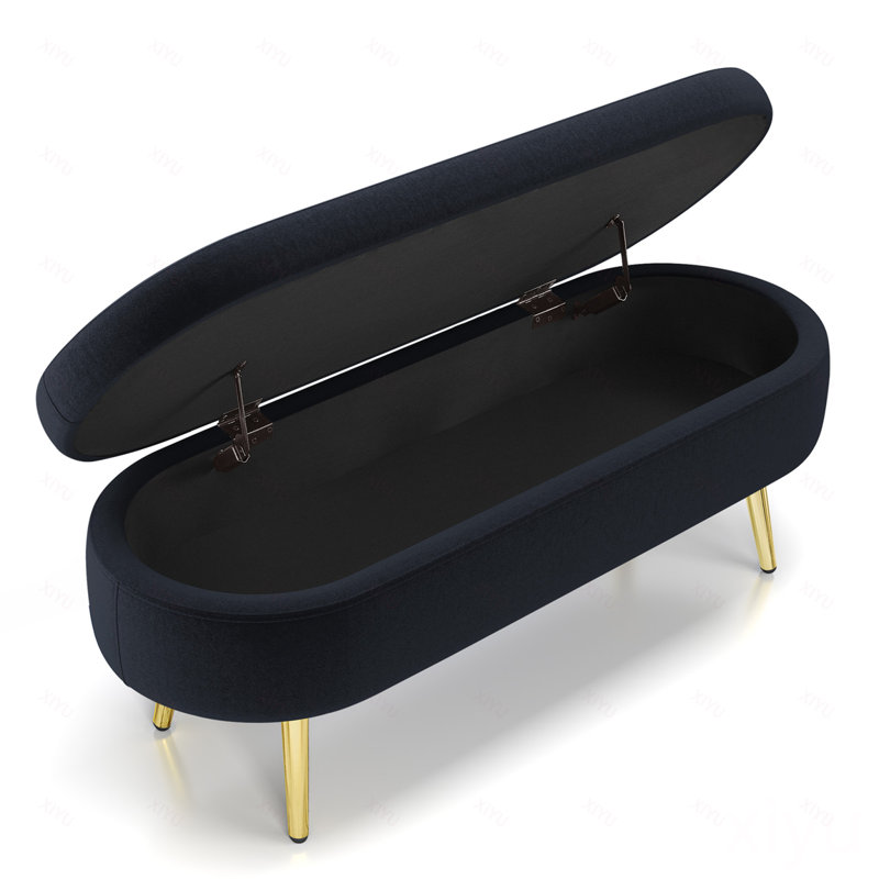 Banc de rangement repose-pieds ovale en flanelle avec pieds en métal, Noir
