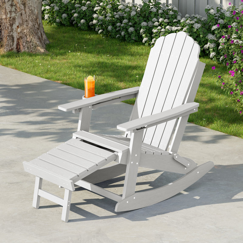 All-Weather HDPE Folding Adirondack Rocking Chair with Retractable Ottoman, 3-Position Adjustable Outdoor Rocking Chair for Patio, Gargen, Deck