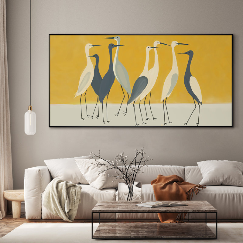 Très grande reproduction d'art sur toile - Illustration abstraite de silhouettes de grues minimalistes pour la décoration d'œuvres d'art dans le salon ou la chambre à coucher - «Assemblage requis du cadre (cadre non fini)»