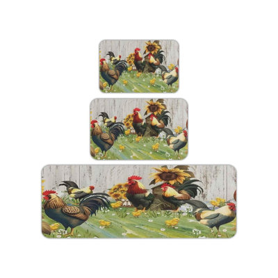 Farm Rooster And Sunflower 3 Piece Kitchen Rug For Kitchen, Entryway, Green Brown