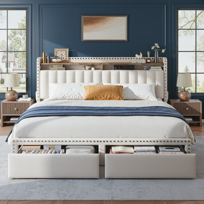 Francille Upholstered Bed Frame with 2 Drawers, 2-Tier Storage Headboard with Side Pockets