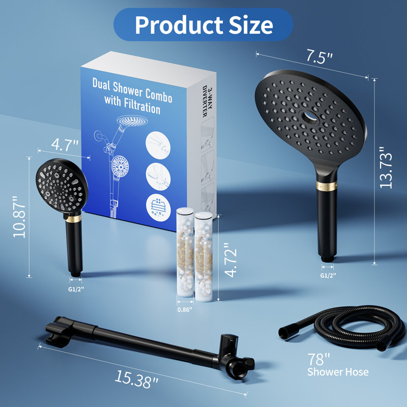 Pomme de douche filtrée double 7,5 po avec barre pliable réglable, Noir mat
